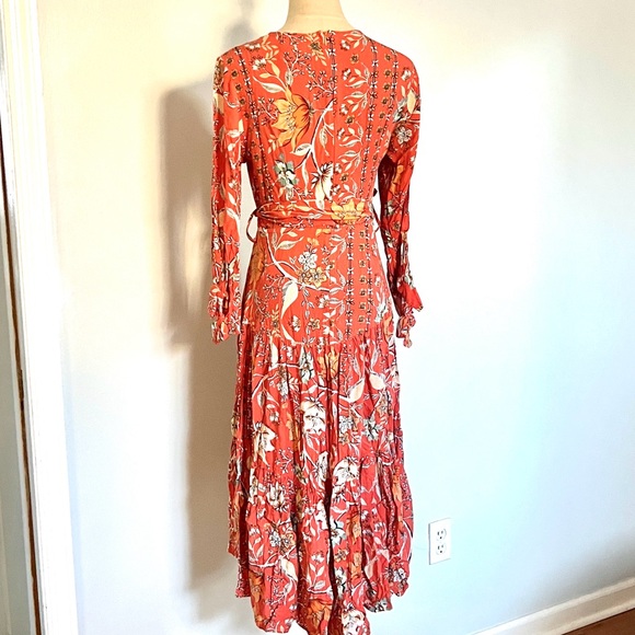 Anthro’s Jaase Boho Floral Rayon Tie Waist Midi Dress Long Sleeve Resort Size S - Picture 4 of 12